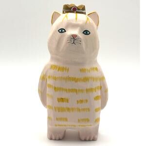Hand Carved, Handmade Wooden Peach Tabby Cat Figurine with Crown, 4.5" Tall